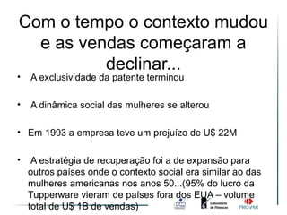 Com o tempo o contexto mudou
  e as vendas começaram a
          declinar...
•   A exclusividade da patente terminou

•   A dinâmica social das mulheres se alterou

• Em 1993 a empresa teve um prejuízo de U$ 22M

•    A estratégia de recuperação foi a de expansão para
    outros países onde o contexto social era similar ao das
    mulheres americanas nos anos 50...(95% do lucro da
    Tupperware vieram de países fora dos EUA – volume
    total de U$ 1B de vendas)
 