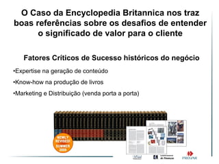 O Caso da Encyclopedia Britannica nos traz
boas referências sobre os desafios de entender
      o significado de valor para o cliente

   Fatores Críticos de Sucesso históricos do negócio
•Expertise na geração de conteúdo
•Know-how na produção de livros
•Marketing e Distribuição (venda porta a porta)
 