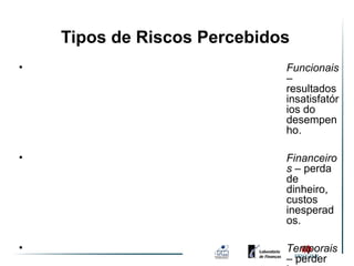 Tipos de Riscos Percebidos
•                            Funcionais
                             –
                             resultados
                             insatisfatór
                             ios do
                             desempen
                             ho.

•                            Financeiro
                             s – perda
                             de
                             dinheiro,
                             custos
                             inesperad
                             os.

•                            Temporais
                             – perder
 