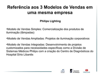 Referência aos Ambiente de Vendas
               3 Modelos de Vendas em
         uma mesma empresa
                                      Simples
                         Philips Lighting

•Modelo de Vendas Simples: Comercialização dos produtos de
iluminação (lâmpadas)

•Modelo de Vendas Ampliadas: Projetos de iluminação corporativos

•Modelo de Vendas Integradas: Desenvolvimento de projetos
customizados para necessidades específicas como a Divisão de
Sistemas Médicos Philips com a criação do Centro de Diagnósticos do
Hospital Sírio Libanês
 