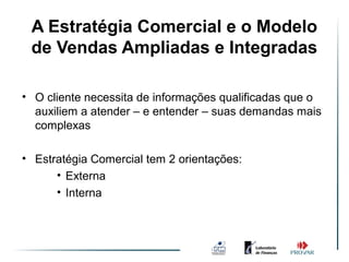 A Estratégia Comercial e o Modelo
              Ambiente de Vendas
 de Vendas Ampliadas e Integradas
                   Simples

• O cliente necessita de informações qualificadas que o
  auxiliem a atender – e entender – suas demandas mais
  complexas

• Estratégia Comercial tem 2 orientações:
      • Externa
      • Interna
 
