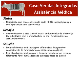 Caso Vendas Integradas
                           Assistência Médica
Status
• Negociação com cliente de grande porte (4.000 funcionários) cuja
  conta pertencia a um concorrente

Desafio
• Como convencer a esse clientes mudar de fornecedor de um serviço
  tão estratégico para a produtividade de seus funcionários: sua
  assistência médica

Solução
• Desenvolvimento uma abordagem diferenciada integrando o
  conhecimento do fornecedor no negócio com o do cliente
• Essa abordagem culminou com o desenvolvimento de um produto
  totalmente novo, 100% adequado as necessidades do cliente
 