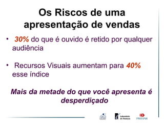 Os Riscos de uma
     apresentação de vendas
• 30% do que é ouvido é retido por qualquer
  audiência

• Recursos Visuais aumentam para 40%
  esse índice

 Mais da metade do que você apresenta é
              desperdiçado
 