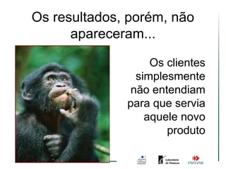 Os resultados, porém, não
      apareceram...

                   Os clientes
                simplesmente
               não entendiam
              para que servia
                  aquele novo
                      produto
 