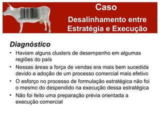 Caso
                       Desalinhamento entre
                       Estratégia e Execução

Diagnóstico
• Haviam alguns clusters de desempenho em algumas
  regiões do país
• Nessas áreas a força de vendas era mais bem sucedida
  devido a adoção de um processo comercial mais efetivo
• O esforço no processo de formulação estratégica não foi
  o mesmo do despendido na execução dessa estratégica
• Não foi feito uma preparação prévia orientada a
  execução comercial
 