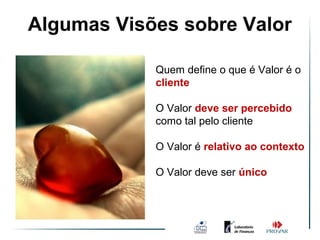 Algumas Visões sobre Valor

            Quem define o que é Valor é o
            cliente

            O Valor deve ser percebido
            como tal pelo cliente

            O Valor é relativo ao contexto

            O Valor deve ser único
 