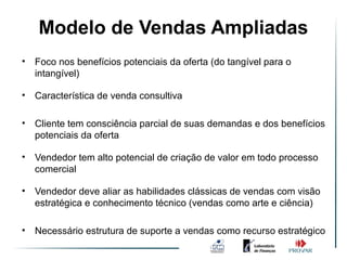 Modelo de Ambiente de Vendas
                           Vendas Ampliadas
•
                                         Simples o
    Foco nos benefícios potenciais da oferta (do tangível para
    intangível)

•   Característica de venda consultiva

•   Cliente tem consciência parcial de suas demandas e dos benefícios
    potenciais da oferta

•   Vendedor tem alto potencial de criação de valor em todo processo
    comercial

•   Vendedor deve aliar as habilidades clássicas de vendas com visão
    estratégica e conhecimento técnico (vendas como arte e ciência)

•   Necessário estrutura de suporte a vendas como recurso estratégico
 