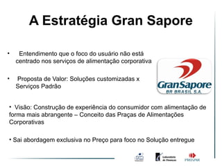 A Estratégia Gran Sapore

•    Entendimento que o foco do usuário não está
    centrado nos serviços de alimentação corporativa

•   Proposta de Valor: Soluções customizadas x
    Serviços Padrão


• Visão: Construção de experiência do consumidor com alimentação de
forma mais abrangente – Conceito das Praças de Alimentações
Corporativas

• Sai abordagem exclusiva no Preço para foco no Solução entregue
 