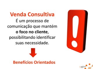 Venda Consultiva
É um processo de
comunicação que mantém
o foco no cliente,
possibilitando identificar
suas necessidade.

Benefícios Orientados

 