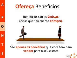 A
P

Ofereça Benefícios
Benefícios são as únicas
coisas que seu cliente compra.

O

N
T
E

São apenas os benefícios que você tem para
vender para o seu cliente

 