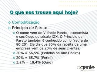 O que nos trouxe aqui hoje? Comoditização Princípio de Pareto O nome vem de Vilfredo Pareto, economista e sociólogo do século XIX. O Princípio de Pareto também é conhecido como "regra do 80:20". Ele diz que 80% da receita de uma empresa vêm de 20% de seus clientes. 20% = 56,5% (Pedidos on-line Cheiro) 20% = 65,7% (Perini) 3,2% = 18,4% (Ouro) 