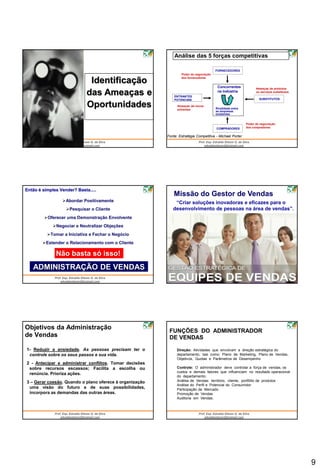 Análise das 5 forças competitivas

                                                                                       FORNECEDORES
                                                                 Poder de negociação

                              Identificação                      dos fornecedores


                                                                                        Concorrentes            Ameaças de produtos
                             das Ameaças e                   ENTRANTES
                                                                                        na Indústria            ou serviços substitutos

                                                             POTENCIAIS                                           SUBSTITUTOS

                             Oportunidades                     Ameaças de novos
                                                               entrantes               Rivalidade entre
                                                                                       as empresas
                                                                                       existentes


                                                                                                          Poder de negociação
                                                                                       COMPRADORES        dos compradores


                                                         Fonte: Estratégia Competitiva - Michael Porter




Então é simples Vender? Basta.....
                                                             Missão do Gestor de Vendas
                 Abordar Positivamente                      “Criar soluções inovadoras e eficazes para o
                   Pesquisar o Cliente                     desenvolvimento de pessoas na área de vendas”.
         Oferecer uma Demonstração Envolvente
             Negociar e Neutralizar Objeções
          Tomar a Iniciativa e Fechar o Negócio
        Estender o Relacionamento com o Cliente

              Não basta só isso!
   ADMINISTRAÇÃO DE VENDAS




Objetivos da Administração
                                                          FUNÇÕES DO ADMINISTRADOR
de Vendas                                                 DE VENDAS
1- Reduzir a ansiedade. As pessoas precisam ter o              Direção: Atividades que envolvam a direção estratégica do
 controle sobre os seus passos e sua vida.                     departamento, tais como: Plano de Marketing, Plano de Vendas,
                                                               Objetivos, Quotas e Parâmetros de Desempenho
2 - Antecipar e administrar conflitos. Tomar decisões
 sobre recursos escassos; Facilita a escolha ou                Controle: O administrador deve controlar a força de vendas, os
                                                               custos e demais fatores que influenciam no resultado operacional
 renúncia. Prioriza ações.
                                                               do departamento;
3 – Gerar coesão. Quando o plano oferece à organização         Análise de Vendas: território, cliente, portfólio de produtos
                                                               Análise do Perfil e Potencial do Consumidor
 uma visão do futuro e de suas possibilidades,                 Participação de Mercado
 incorpora as demandas das outras áreas.                       Promoção de Vendas
                                                               Auditoria em Vendas.




                                                                                                                                          9
 