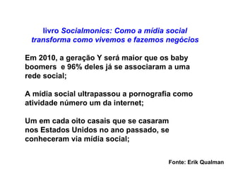 livro  Socialmonics: Como a m ídia social transforma como vivemos e fazemos negócios Em 2010, a geração Y será maior que os baby boomers  e 96% deles já se associaram a uma rede social; A mídia social ultrapassou a pornografia como atividade número um da internet; Um em cada oito casais que se casaram nos Estados Unidos no ano passado, se conheceram via mídia social; Fonte: Erik Qualman 