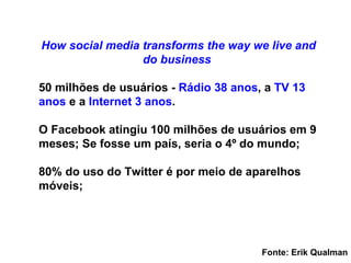livro  Socialmonics: Como a m ídia social transforma como vivemos e fazemos negócios 50 milhões de usuários -  Rádio 38 anos , a  TV 13 anos  e a  Internet 3 anos .  O Facebook atingiu 100 milhões de usuários em 9 meses; Se fosse um país, seria o 4º do mundo; 80% do uso do Twitter é por meio de aparelhos móveis; Fonte: Erik Qualman 