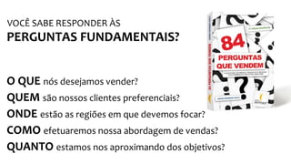 PERGUNTAS FUNDAMENTAIS?
O QUE nós desejamos vender?
QUEM são nossos clientes preferenciais?
ONDE estão as regiões em que devemos focar?
COMO efetuaremos nossa abordagem de vendas?
QUANTO estamos nos aproximando dos objetivos?
VOCÊ SABE RESPONDER ÀS
 
