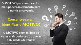 O MOTIVO para comprar é o
mais poderoso elemento para
garantir uma venda.
Concentre-se em
identificar o MOTIVO!
O MOTIVO é um milhão de
vezes mais poderoso do que as
habilidades de vendas
Jeffrey Gitomer – Why People Buy
 