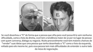 Se você desenhou o "E" de forma que a pessoa que olha para você possa lê-lo sem nenhuma
dificuldade, como a foto da direita, você tem a tendência maior de se por no lugar da pessoa
com quem conversa, dialoga ou negocia. Muito provavelmente você tem maiores chances de
"vender" suas ideias que uma pessoa que tenha desenhado o "E" como a foto da esquerda,
voltado para ele mesmo ler, pois essa pessoa tem mais dificuldades de entender o outro lado
da mesa de negociação.
 