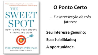 O Ponto Certo
... É a intersecção de três
fatores:
Seu interesse genuíno;
Suas habilidades;
A oportunidade.
 
