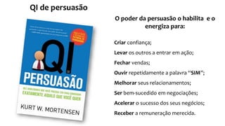 QI de persuasão
O poder da persuasão o habilita e o
energiza para:
Criar confiança;
Levar os outros a entrar em ação;
Fechar vendas;
Ouvir repetidamente a palavra “SIM”;
Melhorar seus relacionamentos;
Ser bem-sucedido em negociações;
Acelerar o sucesso dos seus negócios;
Receber a remuneração merecida.
 