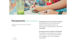 Pensamento Estratégico
Strategós: Stratos: exercício; egos: liderança/
comando.
Estratégia de fora para dentro (Porter)
Empresa alinha-se com estrutura do
sector. Oportunidades devem ser
identiﬁcadas. Posicionamento determina
estratégia

De dentro para fora (Ham & Prahalad)
Os saberes e capacidades da empresa
inﬂuenciam a sua actuação permitindo
assim inovar e criar uma vantagem
competitiva
 
