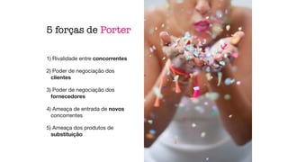 5 forças de Porter
1) Rivalidade entre concorrentes

2) Poder de negociação dos
clientes

3) Poder de negociação dos
fornecedores

4) Ameaça de entrada de novos
concorrentes

5) Ameaça dos produtos de
substituição
 