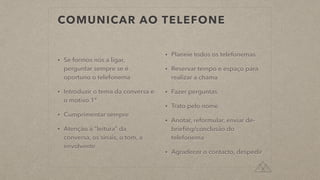 COMUNICAR AO TELEFONE
• Se formos nós a ligar,
perguntar sempre se é
oportuno o telefonema
• Introduzir o tema da conversa e
o motivo 1º
• Cumprimentar sempre
• Atenção à “leitura” da
conversa, os sinais, o tom, a
envolvente
• Planeie todos os telefonemas
• Reservar tempo e espaço para
realizar a chama
• Fazer perguntas
• Trato pelo nome
• Anotar, reformular, enviar de-
brieﬁng/conclusão do
telefonema
• Agradecer o contacto, despedir
 