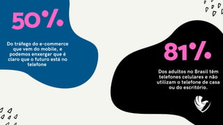 50%
Do tráfego do e-commerce
que vem do mobile, e
podemos enxergar que é
claro que o futuro está no
telefone
81%
Dos adultos no Brasil têm
telefones celulares e não
utilizam o telefone de casa
ou do escritório.
 