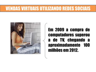 VENDAS VIRTUAIS UTILIZANDO REDES SOCIAIS
Em 2009 a compra de
computadores superou
a de TV, chegando a
aproximadamente 100
milhões em 2012.
 