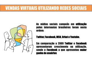 VENDAS VIRTUAIS UTILIZANDO REDES SOCIAIS
As mídias sociais campeãs em utilização
pelos internautas brasileiros foram nesta
ordem:
Twitter, Facebook, MSN, Orkut e Youtube.
Em comparação a 2009 Twitter e Facebook
apresentaram crescimento na utilização,
sendo o Facebook a que apresentou maior
ganho de usuários
 