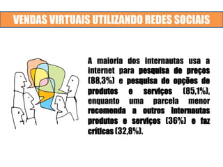 VENDAS VIRTUAIS UTILIZANDO REDES SOCIAIS
A maioria dos internautas usa a
internet para pesquisa de preços
(88,3%) e pesquisa de opções de
produtos e serviços (85,1%),
enquanto uma parcela menor
recomenda a outros internautas
produtos e serviços (36%) e faz
críticas (32,8%).
 