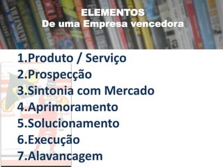 ELEMENTOS
De uma Empresa vencedora

1.Produto / Serviço
2.Prospecção
3.Sintonia com Mercado
4.Aprimoramento
5.Solucionamento
6.Execução
7.Alavancagem

 