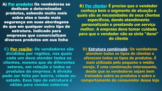 A) Por produto: Os vendedores se
dedicam a determinados
produtos, sabendo muito mais
sobre eles e tendo mais
segurança em suas abordagens
do que em qualquer outro tipo de
estrutura. Indicado para
empresas que comercializam
diversos produtos em sua linha
B) Por cliente: É preciso que o vendedor
conheça bem o segmento de atuação e
quais são as necessidades de seus clientes
específicos, dando atendimento
personalizado e prestando um serviço
melhor. A empresa deve tomar cuidado
para que o vendedor não se sinta "dono"
do cliente
C) Por região: Os vendedores são
divididos por regiões, nas quais
cada um deve atender todos os
clientes, mesmo que de diferentes
setores, em relação a todos os
produtos da empresa. A divisão
pode ser feita por bairro, cidade ou
estado. Esse tipo de estrutura é
válido para vendas externas
D) Estrutura combinada: Os vendedores
atendem todos os tipos de clientes e
oferecem todos os tipos de produtos. É
mais utilizada pelo pequeno e médio
varejo. É uma combinação interessante,
desde que os vendedores sejam bem
treinados sobre os produtos e sobre o
comportamento do consumidor dessa loja
 