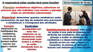 Gerenciamento de VendasO responsável pelas vendas terá como funções:
Planejar: estabelecer objetivos, selecionar as
pessoas que vão trabalhar com vendas e planejar
todas as atividades relacionadas
Organizar: determinar quantos vendedores serão
necessários, de que tipo de material eles precisarão
e estabelecer o cronograma das atividades
Executar:
desenvolver as
habilidades dos
vendedores,
treiná-los de
maneira que
possam melhor
exercer seu
papel e motivá-
los
Controlar:
acompanhar por
meio dos
relatórios se os
vendedores estão
alcançando suas
metas e verificar
se estão
atendendo bem os
clientes
Estabelecimento de Quotas: Uma quota
de vendas é uma meta de desempenho
atribuída aos vendedores. Elas ajudam a
planejar e avaliar as atividades dos
vendedores e o desenvolvimento da loja.
Quando se tem um valor a seguir e a
conquistar, as pessoas se esforçam e
buscam com entusiasmo a meta traçada
 