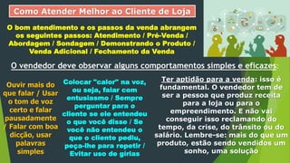 Como Atender Melhor ao Cliente de Loja
O bom atendimento e os passos da venda abrangem
os seguintes passos: Atendimento / Pré-Venda /
Abordagem / Sondagem / Demonstrando o Produto /
Venda Adicional / Fechamento da Venda
O vendedor deve observar alguns comportamentos simples e eficazes:
Ouvir mais do
que falar / Usar
o tom de voz
certo e falar
pausadamente
/ Falar com boa
dicção, usar
palavras
simples
Colocar "calor" na voz,
ou seja, falar com
entusiasmo / Sempre
perguntar para o
cliente se ele entendeu
o que você disse / Se
você não entendeu o
que o cliente pediu,
peça-lhe para repetir /
Evitar uso de gírias
Ter aptidão para a venda: isso é
fundamental. O vendedor tem de
ser a pessoa que produz receita
para a loja ou para o
empreendimento. E não vai
conseguir isso reclamando do
tempo, da crise, do trânsito ou do
salário. Lembre-se: mais do que um
produto, estão sendo vendidos um
sonho, uma solução
 