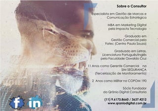 Sobre o Consultor
Especialista em Gestão de Marcas e
Comunicação Estratégica
MBA em Marketing Digital
pela Impacta Tecnologia
Graduado em
Gestão Comercial pela
Fatec (Centro Paula Souza)
Graduado em Letras,
Licenciatura Português/Inglês
pela Faculdade Oswaldo Cruz
11 Anos como Gerente Comercial na
SIM SEGURANÇA
(Terceirização de Monitoramento)
2 Anos como Militar no COPOM 190
Sócio Fundador
da Qrânio Digital Consultoria
(11) 9.6173.8660 / 3637.4212
www.qraniodigital.com.br
 