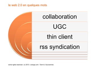 le web 2.0 en quelques mots



                                                collaboration
                                                               UGC
                                                      thin client
                                            rss syndication

some rights reserved - cc 2013 - orange.com - Yann A. Gourvennec
 