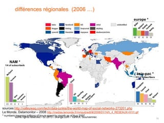différences régionales (2006 …)
                                                                                               europe *




      NAM *
  1/4 of subscribers


                                                                                                 asia-pac *
                                                                                                1/3 of subscribers




sources:http://valleywag.com/tech/data-junkie/the-world-map-of-social-networks-273201.php
Le Monde, Datamonitor – 2008 http://medias.lemonde.fr/mmpub/edt/ill/2008/01/14/h_4_RESEAUX+X1I1.gif
* numbers meaning millions of hours spent by month as of Aug 2007
         some rights reserved - cc 2013 - orange.com - Yann A. Gourvennec                                            16
 