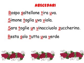 aBECEDARIRospo saltellonetira uva.Simone taglia uva viola.Sara toglie un vinacciuolozuccherino.Resta solo tutta uva verde