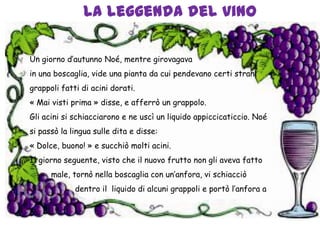 La leggenda del vinoUn giorno d’autunno Noé, mentre girovagava in una boscaglia, vide una pianta da cui pendevano certi strani grappoli fatti di acini dorati.« Mai visti prima » disse, e afferrò un grappolo.Gli acini si schiacciarono e ne uscì un liquido appiccicaticcio. Noé si passò la lingua sulle dita e disse:« Dolce, buono! » e succhiò molti acini.Il giorno seguente, visto che il nuovo frutto non gli aveva fatto              male, tornò nella boscaglia con un’anfora, vi schiacciò                    dentro il  liquido di alcuni grappoli e portò l’anfora a