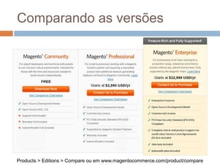 Comparando as versõesProducts > Editions > Compare ou em www.magentocommerce.com/product/compare