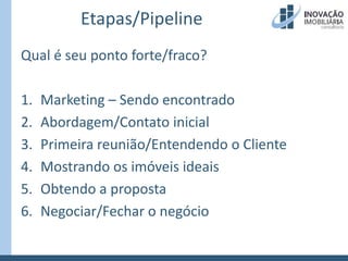 Etapas/PipelineQual é seu ponto forte/fraco?Marketing – Sendo encontradoAbordagem/Contato inicialPrimeira reunião/Entendendo o ClienteMostrando os imóveis ideaisObtendo a propostaNegociar/Fechar o negócio
