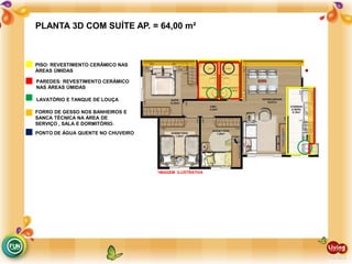 PLANTA 3D COM SUÍTE AP. = 64,00 m²
PAREDES: REVESTIMENTO CERÂMICO
NAS ÁREAS ÚMIDAS
LAVATÓRIO E TANQUE DE LOUÇA
FORRO DE GESSO NOS BANHEIROS E
SANCA TÉCNICA NA ÁREA DE
SERVIÇO , SALA E DORMITÓRIO.
PONTO DE ÁGUA QUENTE NO CHUVEIRO
PISO: REVESTIMENTO CERÂMICO NAS
ÁREAS ÚMIDAS
*IMAGEM ILUSTRATIVA
 