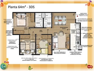 ÁREA DE CIRCULAÇÃO REDUZIDA A
FIM DE UM MELHOR
APROVEITAMENTO DA PLANTA
SALA COM ILUMINAÇÃO E
VENTILAÇÃO NATUARAIS
COZINHA E ÁREA SERVIÇO
COM VENTILAÇÃO E
ILUMINAÇÃO NATURAIS
ÁREAS SETORIZADAS,
EM QUE A CIRCULAÇÃO
NÃO INTERFERE NOS
AMBIENTES
POSICIONAMENTO DO BANHEIRO
CONTRIBUINDO COM A
PRIVACIDADE DO AMBIENTE
DORMITÓRIOS COM
ESPAÇO PARA
ARMÁRIOS E
ESCRIVANINHA
DORMITÓRIO
SUÍTE AMPLO
COM ESPAÇO
PARA
ARMÁRIOS
AMPLA ÁREA SOCIAL
PARA DOIS
AMBIENTES BEM
DEFINIDOS E SALA
DE ESTAR COMPLETA
BOA DISTRIBUIÇÃO DA SALA DE
ESTAR/JANTAR POSSIBILITANDO
UMA MESA COM ATÉ 6 LUGARES
PONTO FOCAL
FAVORÁVEL PARA O
AMBIENTE DA SALA
POSICIONAMENTO
DO BANHEIRO
PRESERVANDO A
PRIVACIDADE DO
CASAL
DORMITÓRIOS COM
ESPAÇO PARA ATÉ DUAS
CAMAS
ENCADEAMENTO DOS
ITENS DA COZINHA
Planta 64m² - 3DS
 