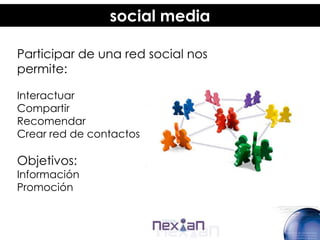 social media

Participar de una red social nos
permite:

Interactuar
Compartir
Recomendar
Crear red de contactos

Objetivos:
Información
Promoción
 