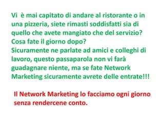 Vi è mai capitato di andare al ristorante o in
una pizzeria, siete rimasti soddisfatti sia di
quello che avete mangiato che del servizio?
Cosa fate il giorno dopo?
Sicuramente ne parlate ad amici e colleghi di
lavoro, questo passaparola non vi farà
guadagnare niente, ma se fate Network
Marketing sicuramente avrete delle entrate!!!

Il Network Marketing lo facciamo ogni giorno
senza rendercene conto.

 
