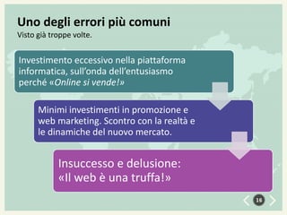 Uno degli errori più comuni
Visto già troppe volte.

Investimento eccessivo nella piattaforma
informatica, sull’onda dell’entusiasmo
perché «Online si vende!»
Minimi investimenti in promozione e
web marketing. Scontro con la realtà e
le dinamiche del nuovo mercato.

Insuccesso e delusione:
«Il web è una truffa!»
16

 