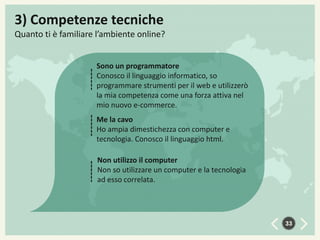 3) Competenze tecniche
Quanto ti è familiare l’ambiente online?
Sono un programmatore
Conosco il linguaggio informatico, so
programmare strumenti per il web e utilizzerò
la mia competenza come una forza attiva nel
mio nuovo e-commerce.
Me la cavo
Ho ampia dimestichezza con computer e
tecnologia. Conosco il linguaggio html.
Non utilizzo il computer
Non so utilizzare un computer e la tecnologia
ad esso correlata.

33

 