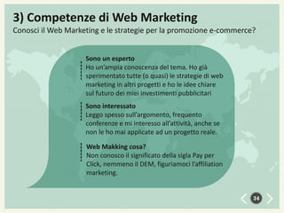 3) Competenze di Web Marketing
Conosci il Web Marketing e le strategie per la promozione e-commerce?
Sono un esperto
Ho un’ampia conoscenza del tema. Ho già
sperimentato tutte (o quasi) le strategie di web
marketing in altri progetti e ho le idee chiare
sul futuro dei miei investimenti pubblicitari
Sono interessato
Leggo spesso sull’argomento, frequento
conferenze e mi interesso all’attività, anche se
non le ho mai applicate ad un progetto reale.
Web Makking cosa?
Non conosco il significato della sigla Pay per
Click, nemmeno il DEM, figuriamoci l’affiliation
marketing.

34

 