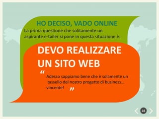HO DECISO, VADO ONLINE
La prima questione che solitamente un
aspirante e-tailer si pone in questa situazione è:

DEVO REALIZZARE
UN SITO WEB
“ Adesso sappiamo bene che èdisolamente un
tassello del nostro progetto business…

“

vincente!

35

 
