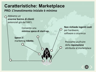 Caratteristiche: Marketplace
PRO: L’investimento iniziale è minimo
Abbiamo un
enorme bacino di clienti
potenziali già dal DAY1.
Consente una
minima spesa di start-up.

Spese di
marketing ridotte.

Non richiede ingenti costi
per hardware,
software o sicurezza
Possiamo usufruire
della reputazione
attribuita al marketplace

49

 